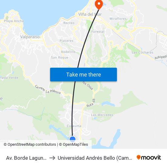 Av. Borde Laguna / Oriente to Universidad Andrés Bello (Campus Los Castaños) map