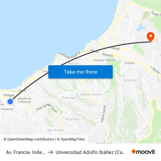 Av. Francia- Independencia to Universidad Adolfo Ibáñez (Campus Viña Del Mar) map