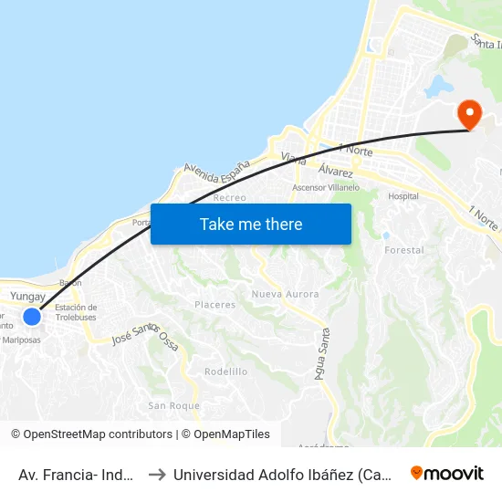 Av. Francia- Independencia to Universidad Adolfo Ibáñez (Campus Viña Del Mar) map