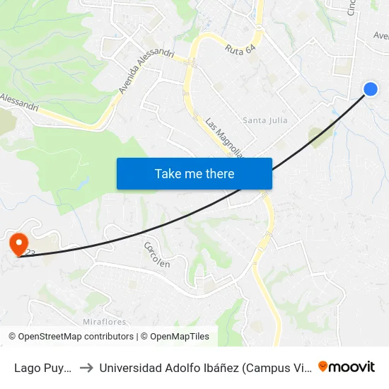 Lago Puyehue to Universidad Adolfo Ibáñez (Campus Viña Del Mar) map