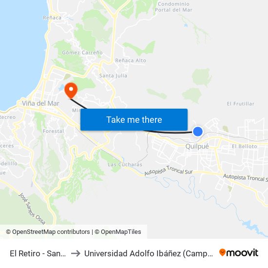 El Retiro - San Enrique to Universidad Adolfo Ibáñez (Campus Viña Del Mar) map