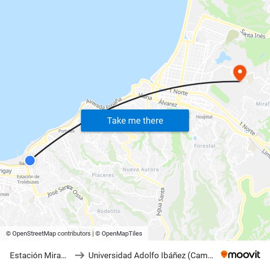 Estación Mirador Barón to Universidad Adolfo Ibáñez (Campus Viña Del Mar) map