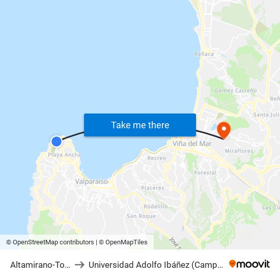 Altamirano-Torpedera to Universidad Adolfo Ibáñez (Campus Viña Del Mar) map