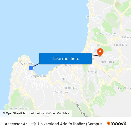 Ascensor Artilleria to Universidad Adolfo Ibáñez (Campus Viña Del Mar) map