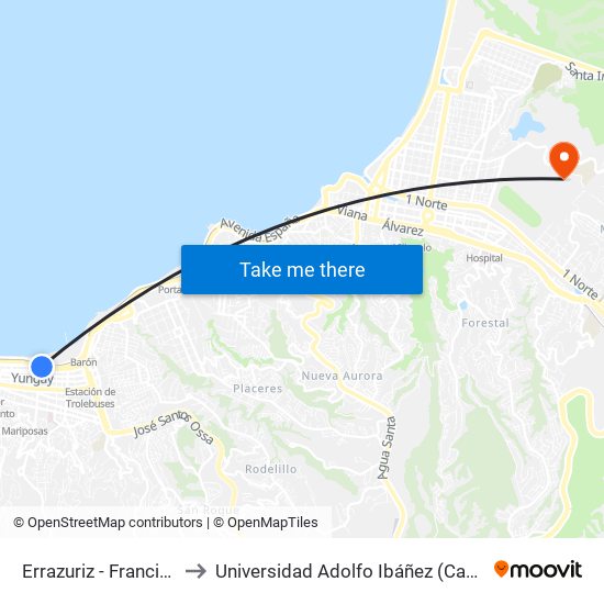 Errazuriz - Francia / Poniente to Universidad Adolfo Ibáñez (Campus Viña Del Mar) map