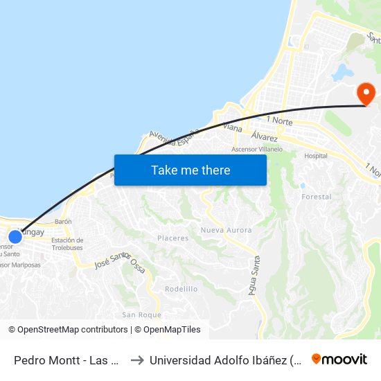 Pedro Montt - Las Heras / Poniente to Universidad Adolfo Ibáñez (Campus Viña Del Mar) map