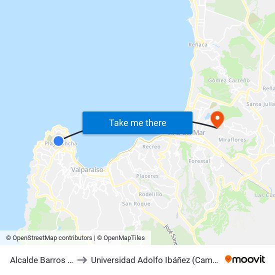 Alcalde Barros - Tucapel to Universidad Adolfo Ibáñez (Campus Viña Del Mar) map