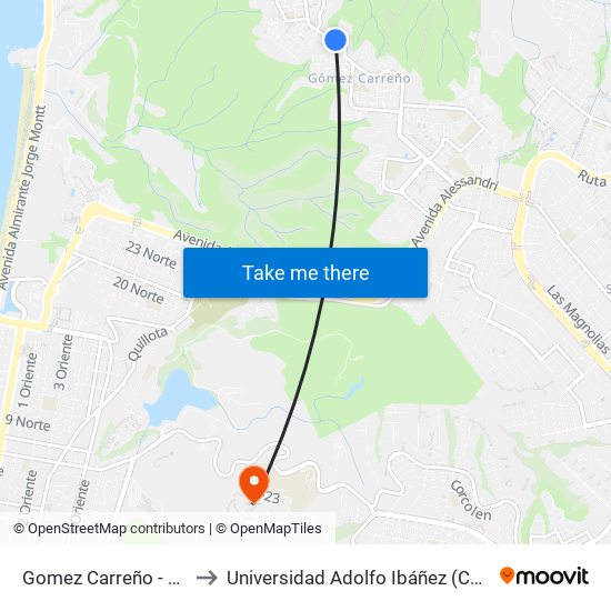 Gomez Carreño - Diecisiete Pte to Universidad Adolfo Ibáñez (Campus Viña Del Mar) map