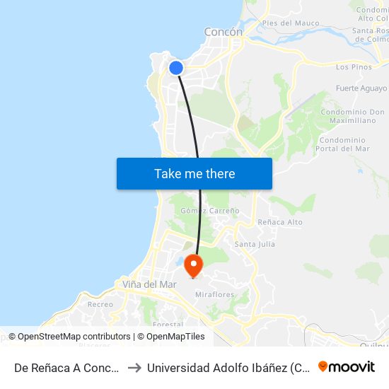 De Reñaca A Concon - Costanera to Universidad Adolfo Ibáñez (Campus Viña Del Mar) map