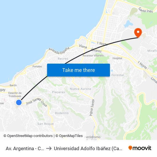 Av. Argentina - Casablanca to Universidad Adolfo Ibáñez (Campus Viña Del Mar) map