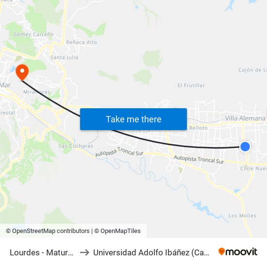 Lourdes - Maturana / Norte to Universidad Adolfo Ibáñez (Campus Viña Del Mar) map