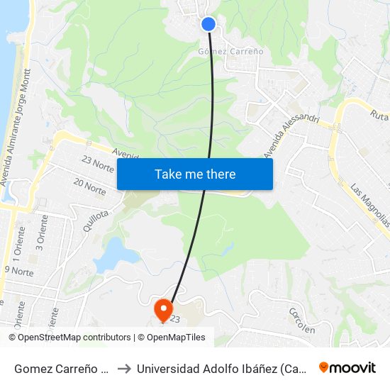 Gomez Carreño / Bencinera to Universidad Adolfo Ibáñez (Campus Viña Del Mar) map