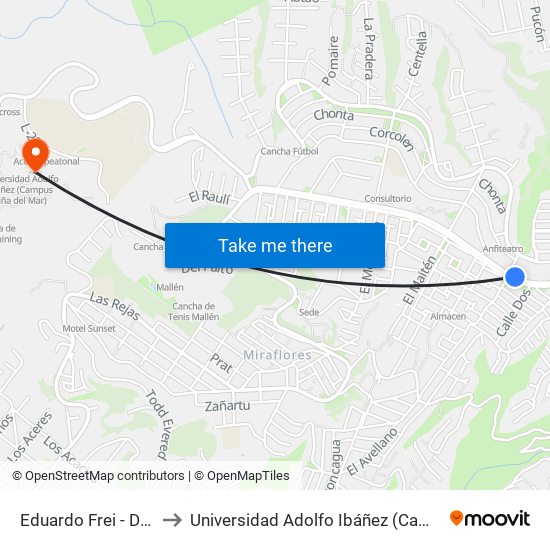 Eduardo Frei - Del Avellano to Universidad Adolfo Ibáñez (Campus Viña Del Mar) map