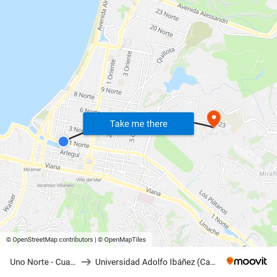 Uno Norte - Cuatro Puente to Universidad Adolfo Ibáñez (Campus Viña Del Mar) map