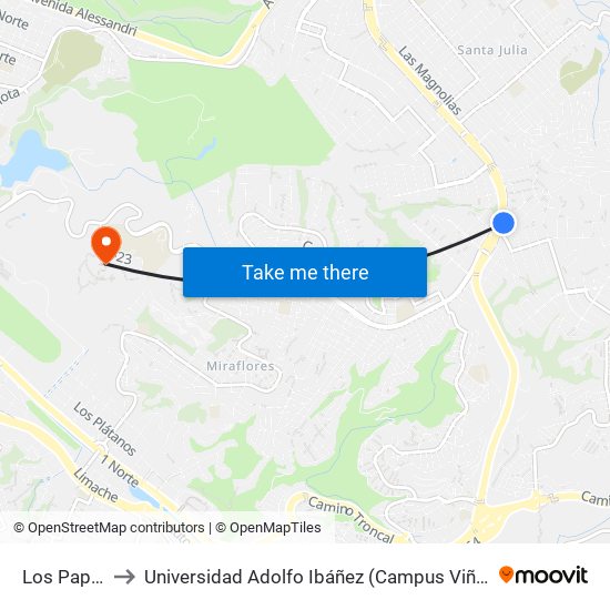 Los Papiros to Universidad Adolfo Ibáñez (Campus Viña Del Mar) map