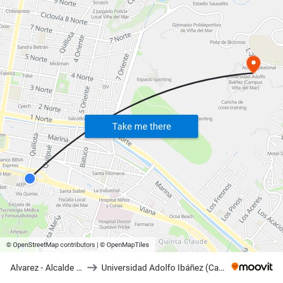 Alvarez - Alcalde Prieto Nieto to Universidad Adolfo Ibáñez (Campus Viña Del Mar) map