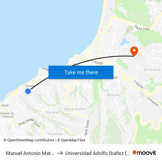 Manuel Antonio Matta - Manuel Montt to Universidad Adolfo Ibáñez (Campus Viña Del Mar) map