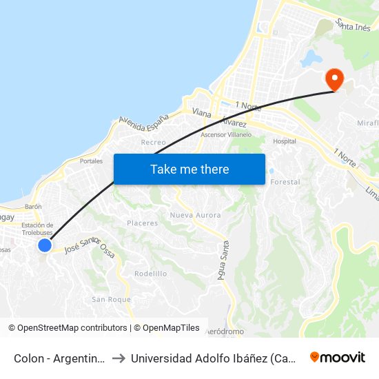 Colon - Argentina Poniente to Universidad Adolfo Ibáñez (Campus Viña Del Mar) map