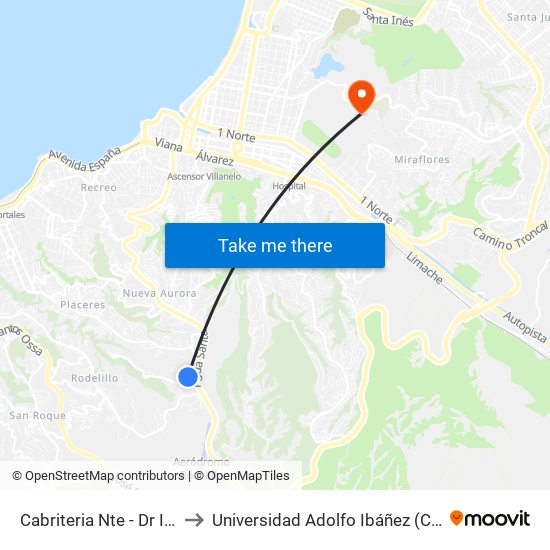 Cabriteria Nte - Dr Issrael Boizblat to Universidad Adolfo Ibáñez (Campus Viña Del Mar) map
