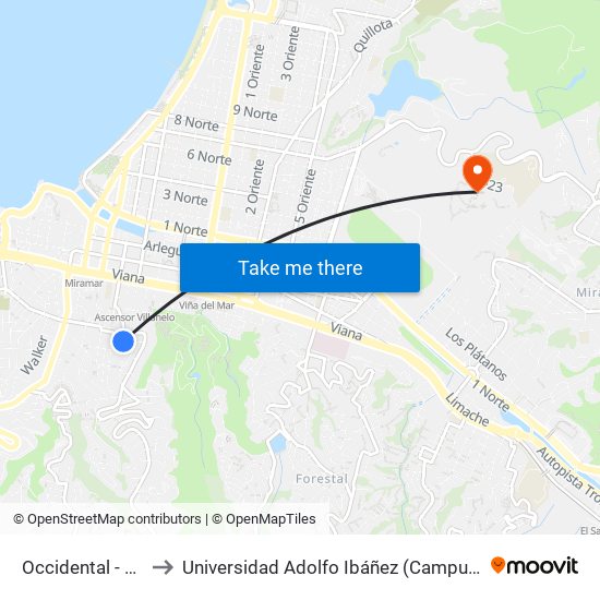 Occidental - Oriental to Universidad Adolfo Ibáñez (Campus Viña Del Mar) map