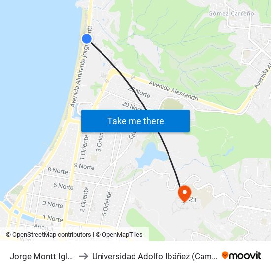 Jorge Montt Iglesia Naval to Universidad Adolfo Ibáñez (Campus Viña Del Mar) map