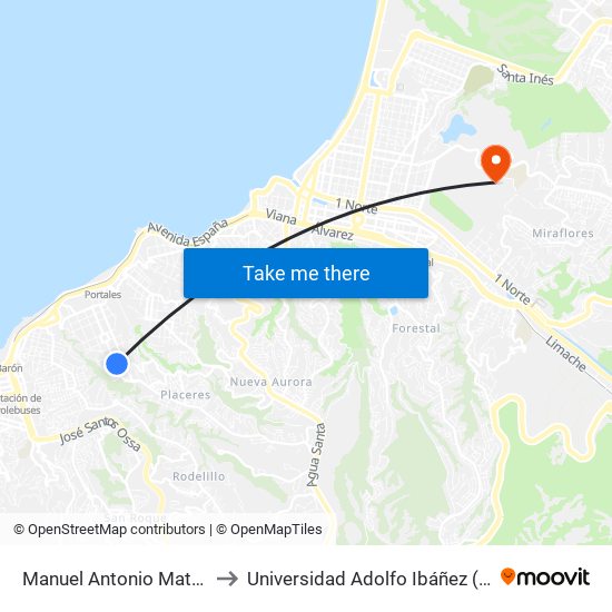 Manuel Antonio Matta - Irene Morales to Universidad Adolfo Ibáñez (Campus Viña Del Mar) map