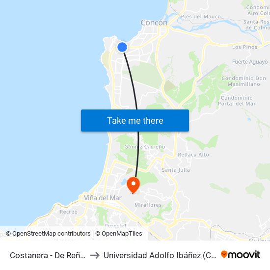 Costanera - De Reñaca A Con Con to Universidad Adolfo Ibáñez (Campus Viña Del Mar) map
