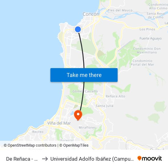 De Reñaca - Petrelis to Universidad Adolfo Ibáñez (Campus Viña Del Mar) map