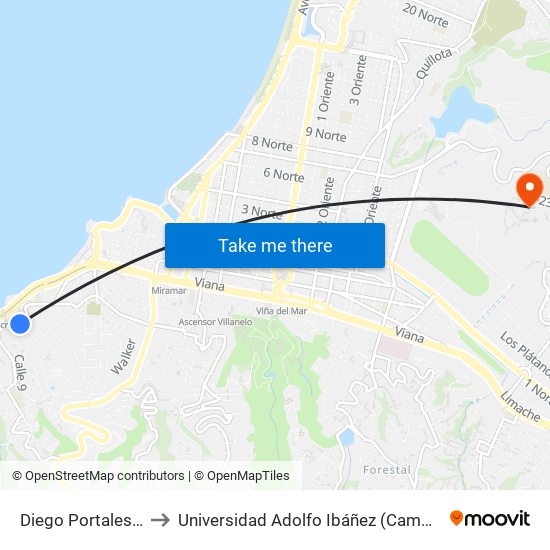 Diego Portales - Bulnes to Universidad Adolfo Ibáñez (Campus Viña Del Mar) map