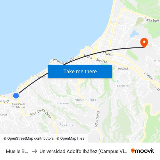 Muelle Baron to Universidad Adolfo Ibáñez (Campus Viña Del Mar) map