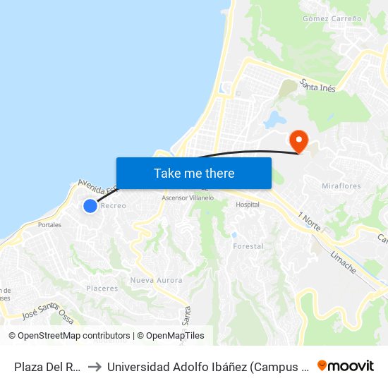 Plaza Del Recreo to Universidad Adolfo Ibáñez (Campus Viña Del Mar) map