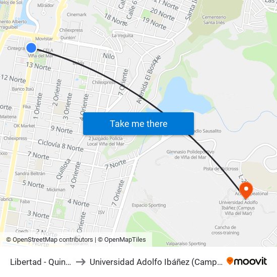 Libertad - Quince Norte to Universidad Adolfo Ibáñez (Campus Viña Del Mar) map
