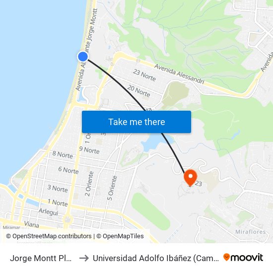 Jorge Montt Playa Del Sol to Universidad Adolfo Ibáñez (Campus Viña Del Mar) map