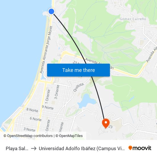 Playa Salinas to Universidad Adolfo Ibáñez (Campus Viña Del Mar) map
