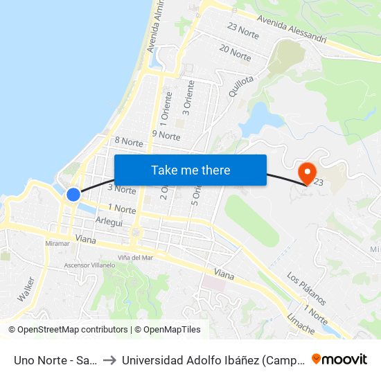 Uno Norte - San Martin to Universidad Adolfo Ibáñez (Campus Viña Del Mar) map