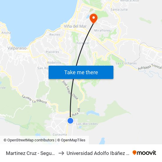 Martinez Cruz - Segunda Independencia to Universidad Adolfo Ibáñez (Campus Viña Del Mar) map