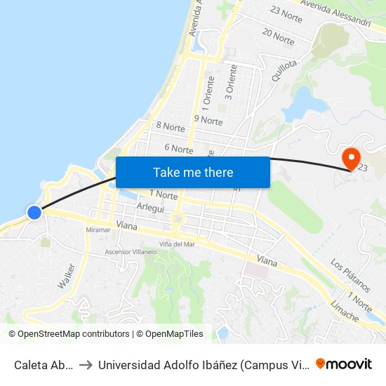 Caleta Abarca to Universidad Adolfo Ibáñez (Campus Viña Del Mar) map