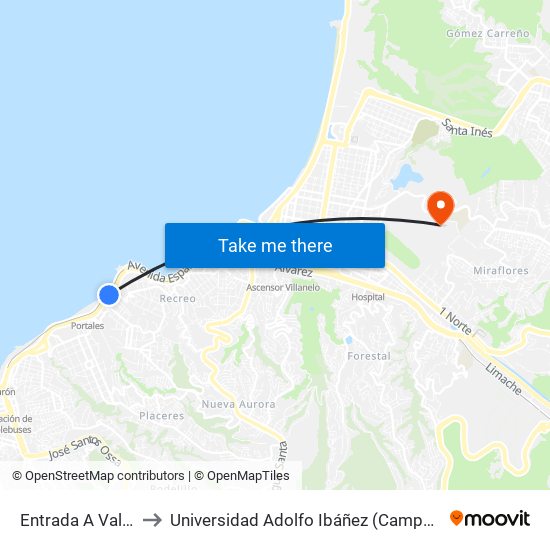 Entrada A Valparaiso to Universidad Adolfo Ibáñez (Campus Viña Del Mar) map