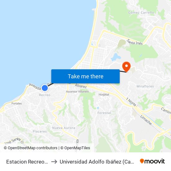 Estacion Recreo / Poniente to Universidad Adolfo Ibáñez (Campus Viña Del Mar) map