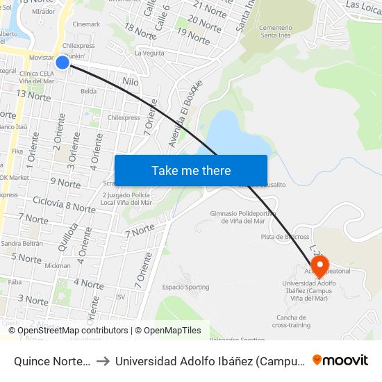 Quince Norte - Igatri to Universidad Adolfo Ibáñez (Campus Viña Del Mar) map