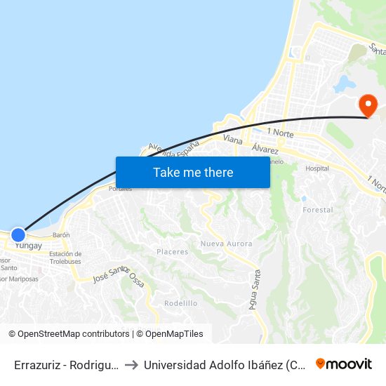 Errazuriz - Rodriguez / Poniente to Universidad Adolfo Ibáñez (Campus Viña Del Mar) map