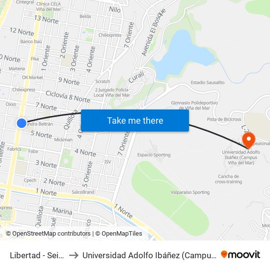 Libertad - Seis Norte to Universidad Adolfo Ibáñez (Campus Viña Del Mar) map