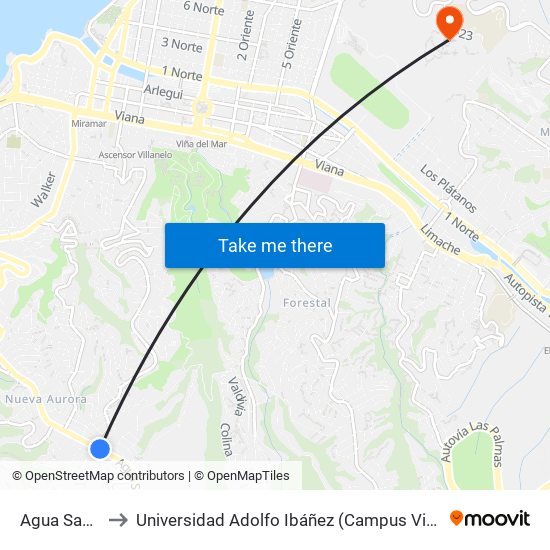 Agua Santa 1 to Universidad Adolfo Ibáñez (Campus Viña Del Mar) map
