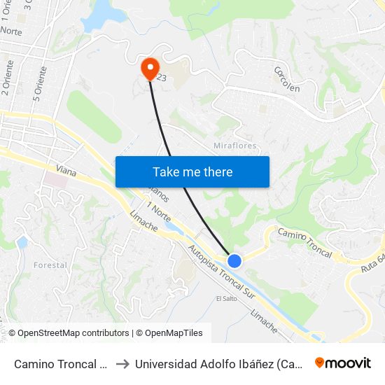 Camino Troncal - Uno Norte to Universidad Adolfo Ibáñez (Campus Viña Del Mar) map