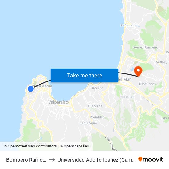 Bombero Ramon Cordero to Universidad Adolfo Ibáñez (Campus Viña Del Mar) map