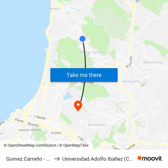 Gomez Carreño - Veintiseis Pte to Universidad Adolfo Ibáñez (Campus Viña Del Mar) map