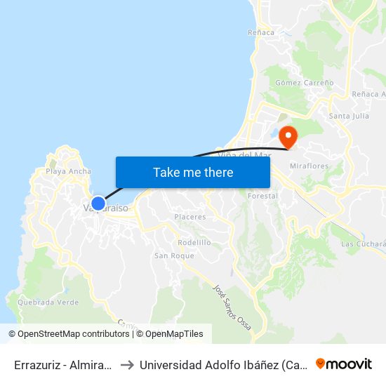 Errazuriz - Almirante Martinez to Universidad Adolfo Ibáñez (Campus Viña Del Mar) map