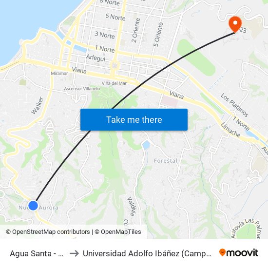 Agua Santa - Cantera to Universidad Adolfo Ibáñez (Campus Viña Del Mar) map