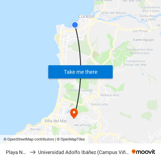 Playa Negra to Universidad Adolfo Ibáñez (Campus Viña Del Mar) map