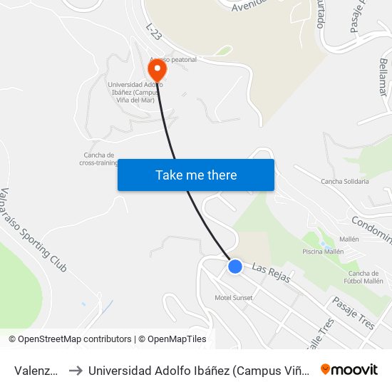 Valenzuela to Universidad Adolfo Ibáñez (Campus Viña Del Mar) map